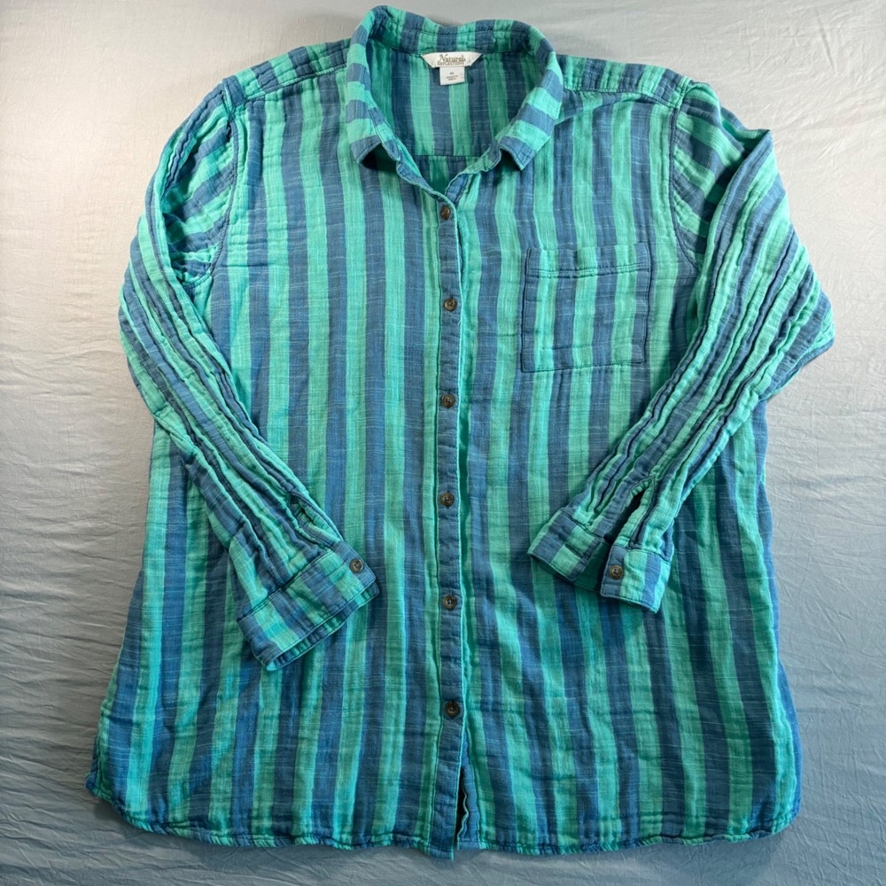 Natural Reflections Teal Blue Striped Cotton Gauze Button Down Shirt XL